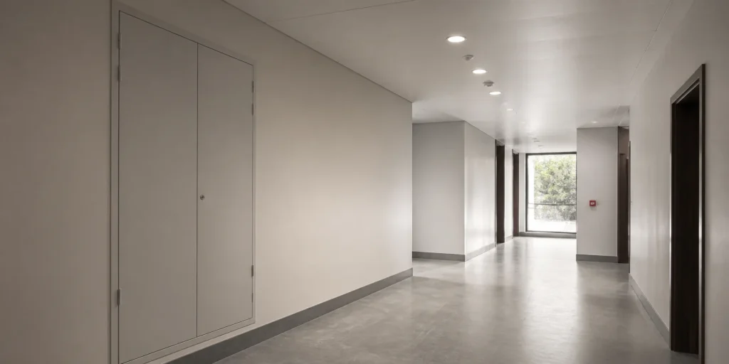 Clean commercial corridor with an electrical cupboard and fire safety fixture.