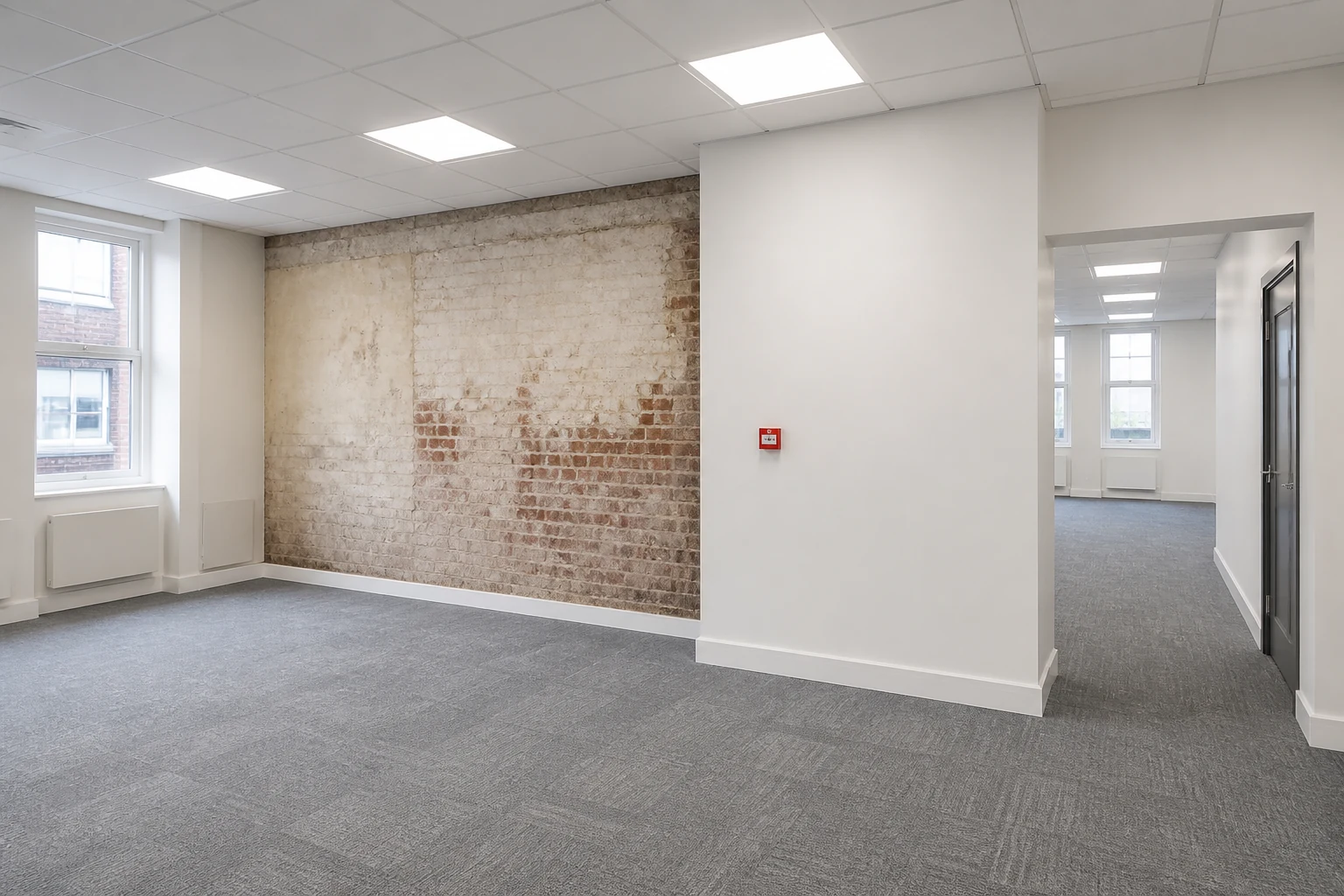 Empty refurbished office area showing older and newer building finishes.