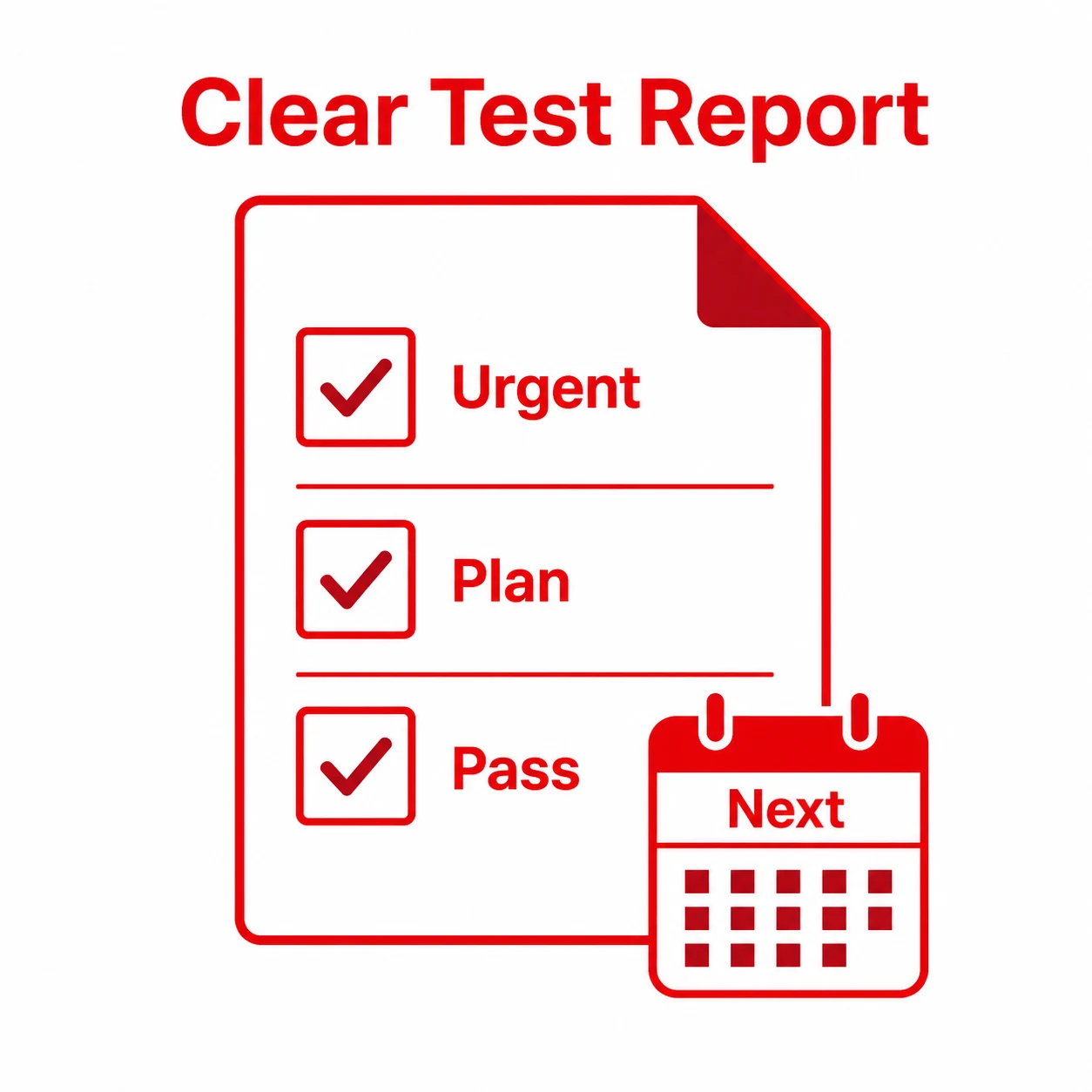 Graphic showing a clear electrical test report with priorities and next steps.
