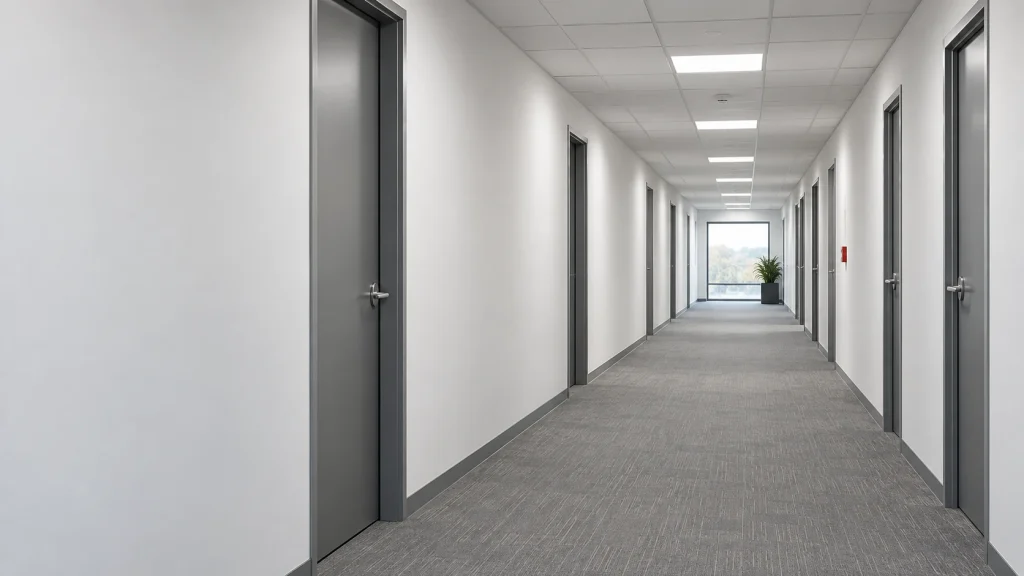 Clean commercial corridor with a ceiling fire detector.